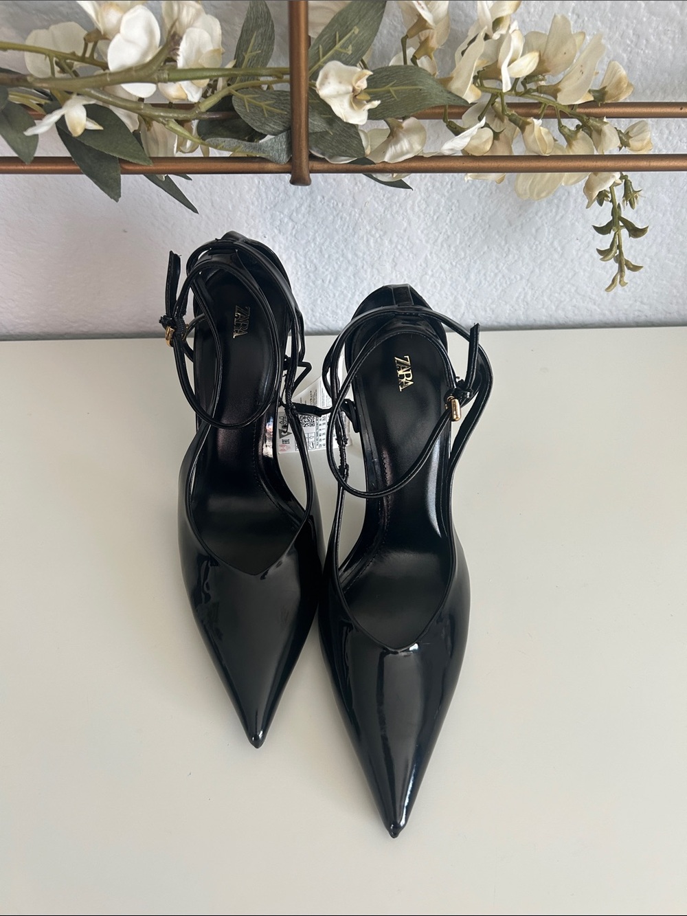 Zara Black Patent Pointed Stiletto Heels with Crisscross Straps
